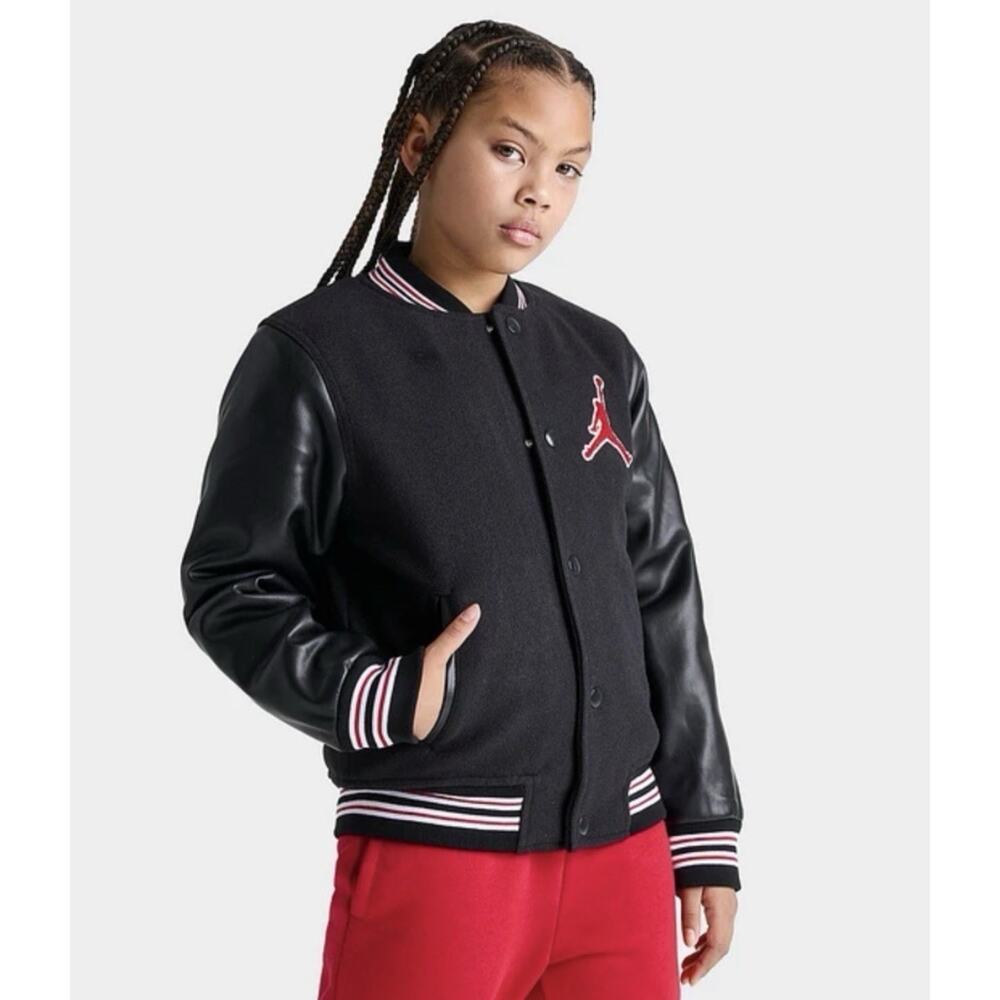 Air Jordan Boys Varsity Flight Jacket Black Red Basketball Street Sz L 12-13 YRS